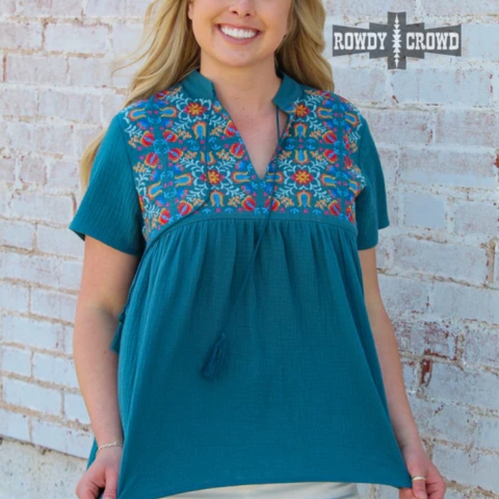 Rowdy Crowd Teal Embroidered Short-Sleeve Blouse